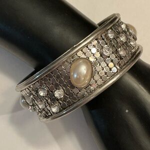 Vintage Silver Pearl & Crystal Cuff Bracelet